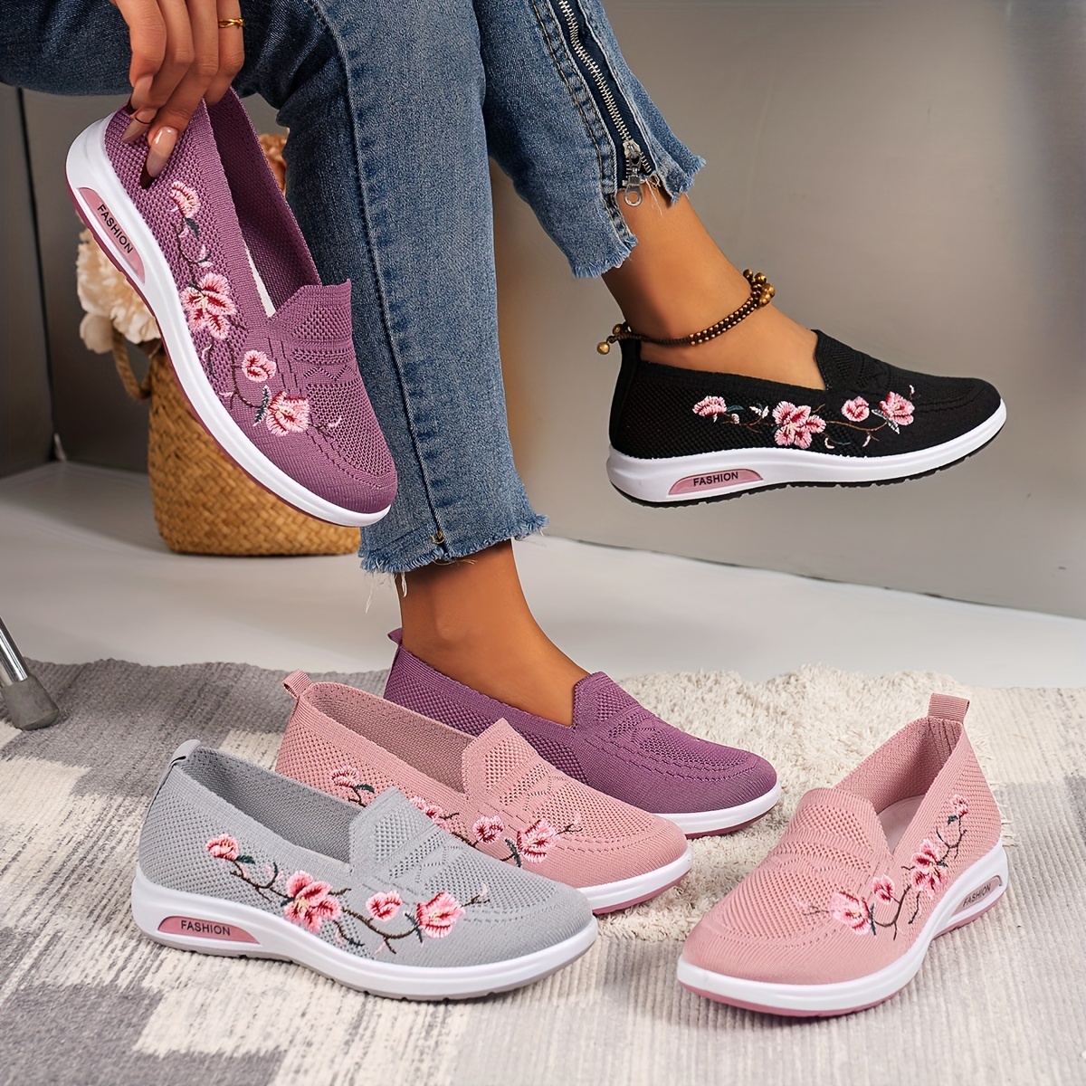 womens floral embroidered shoes slip on round toe lightweight breathable knit shoes casual outdoor shoes details 0