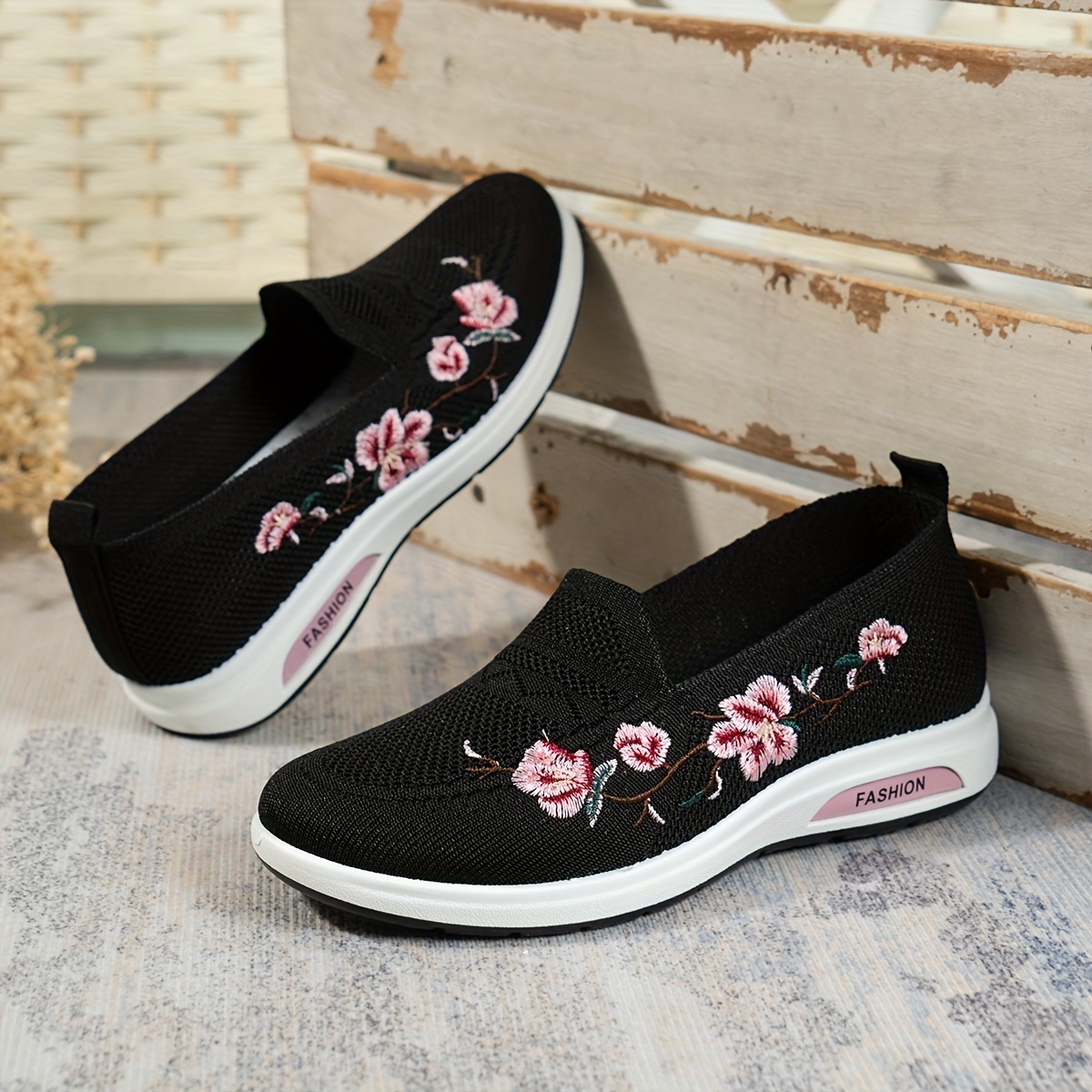 womens floral embroidered shoes slip on round toe lightweight breathable knit shoes casual outdoor shoes details 1