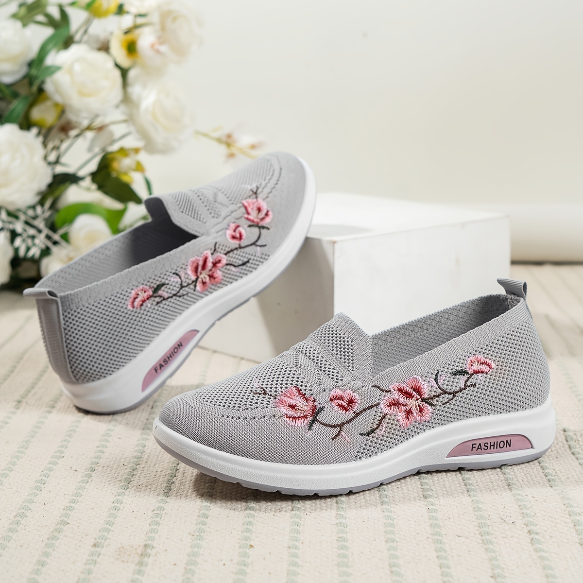 womens floral embroidered shoes slip on round toe lightweight breathable knit shoes casual outdoor shoes details 2