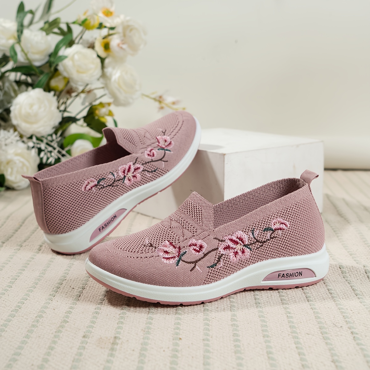 womens floral embroidered shoes slip on round toe lightweight breathable knit shoes casual outdoor shoes details 3