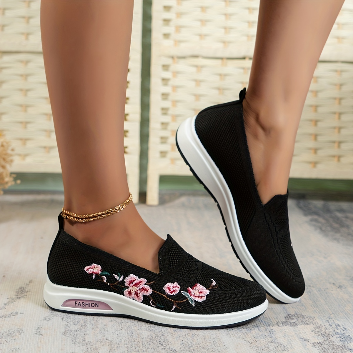 womens floral embroidered shoes slip on round toe lightweight breathable knit shoes casual outdoor shoes details 4