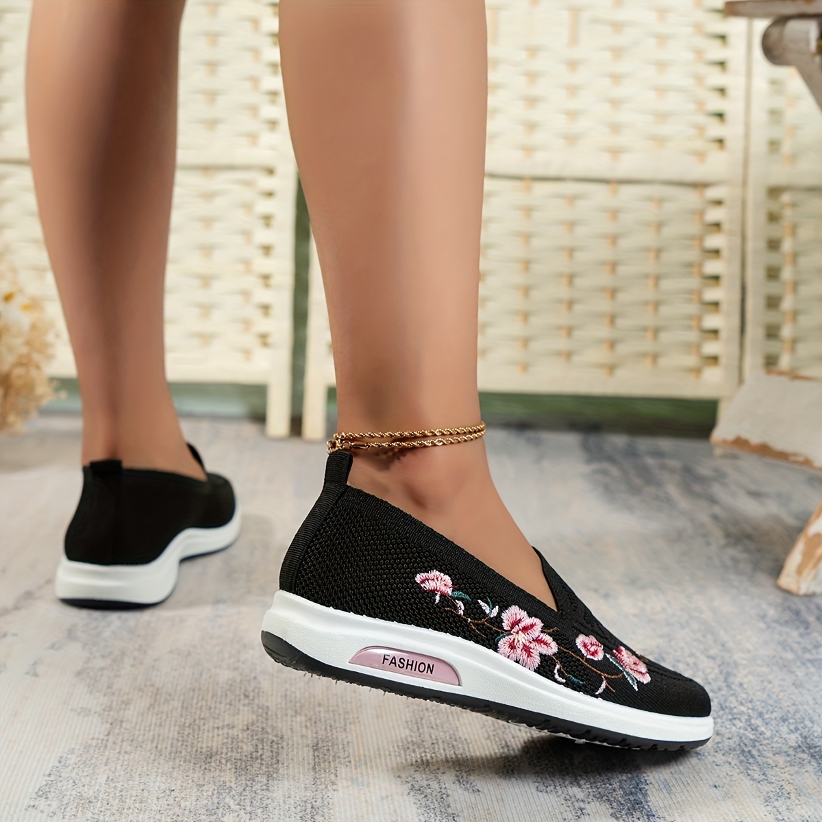 womens floral embroidered shoes slip on round toe lightweight breathable knit shoes casual outdoor shoes details 5