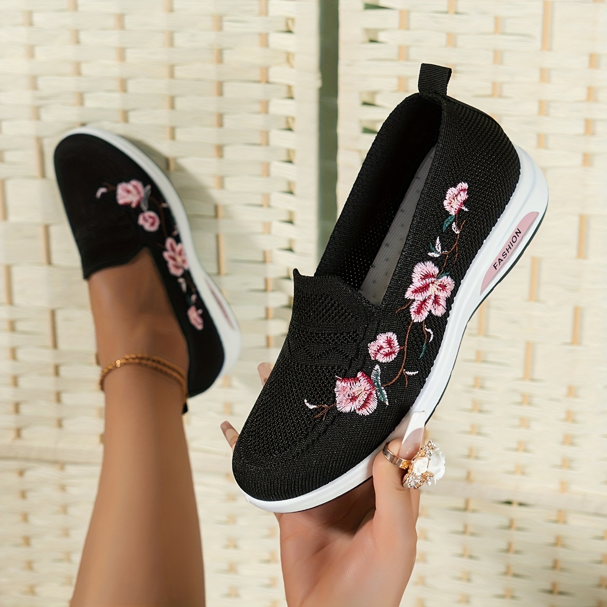 womens floral embroidered shoes slip on round toe lightweight breathable knit shoes casual outdoor shoes details 6