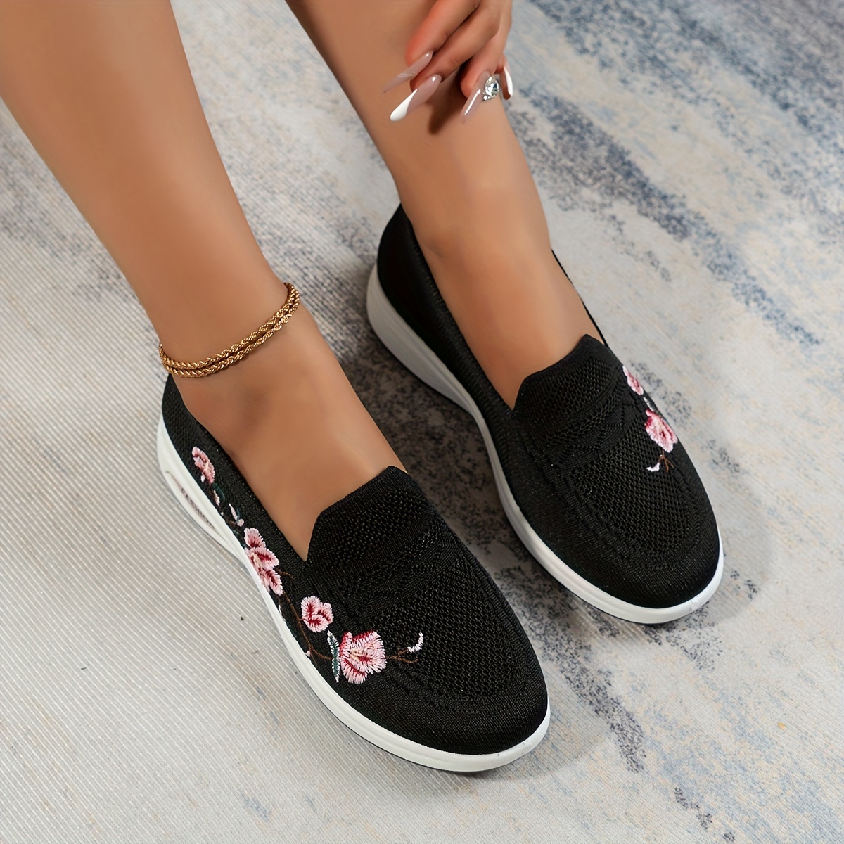 womens floral embroidered shoes slip on round toe lightweight breathable knit shoes casual outdoor shoes details 7