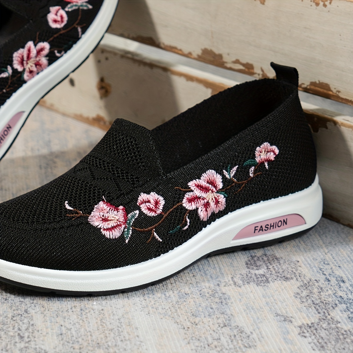 womens floral embroidered shoes slip on round toe lightweight breathable knit shoes casual outdoor shoes details 8