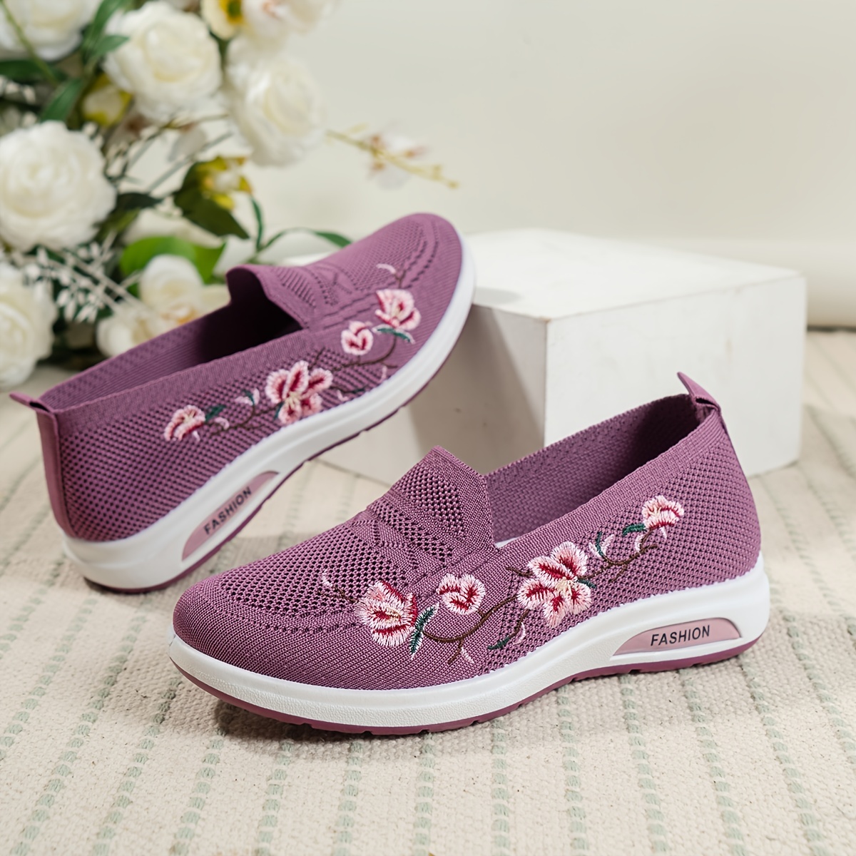 womens floral embroidered shoes slip on round toe lightweight breathable knit shoes casual outdoor shoes details 9