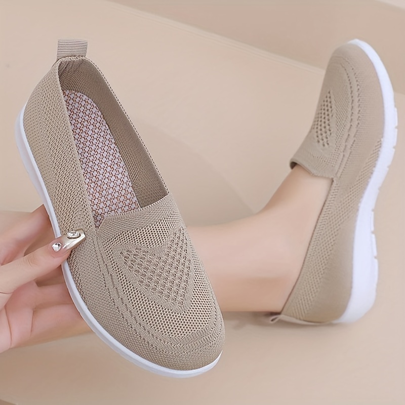 womens solid color knitted sneakers soft sole lightweight slip on walking trainers low top breathable mesh shoes details 1