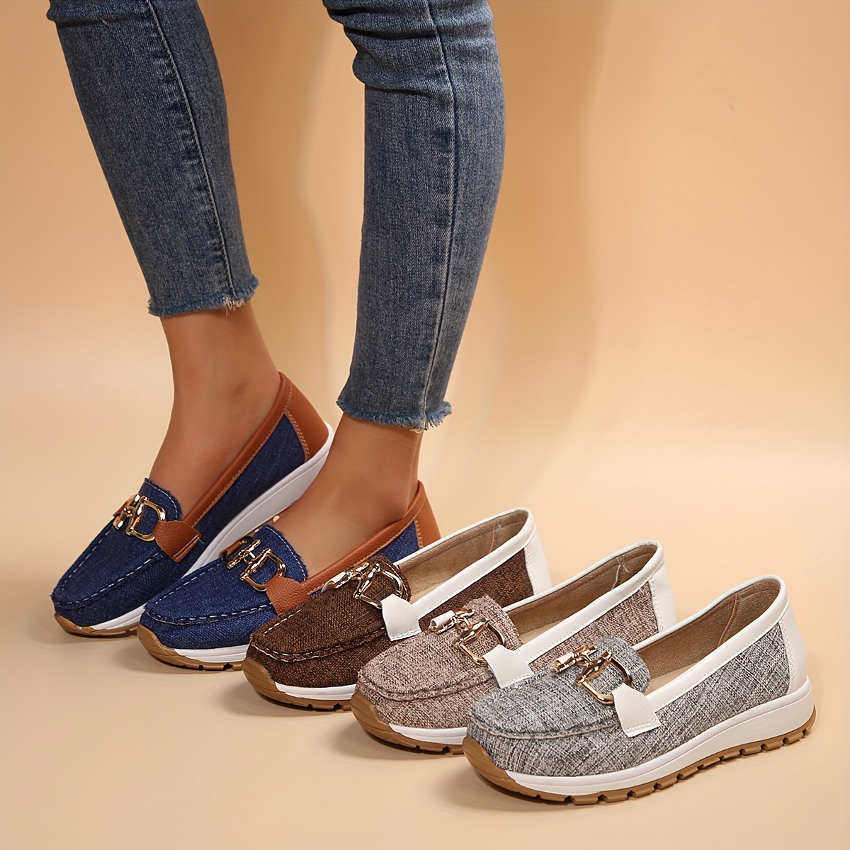 womens buckle decor flat shoes two tone slip on soft sole walking shoes casual all match outdoor shoes details 6