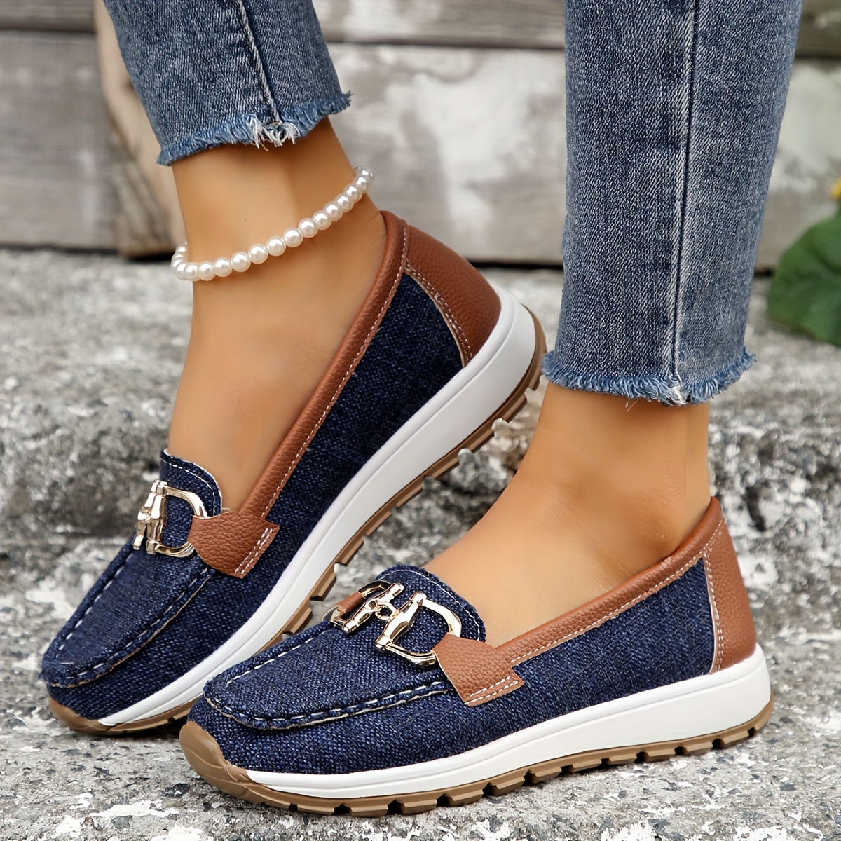 womens buckle decor flat shoes two tone slip on soft sole walking shoes casual all match outdoor shoes details 7