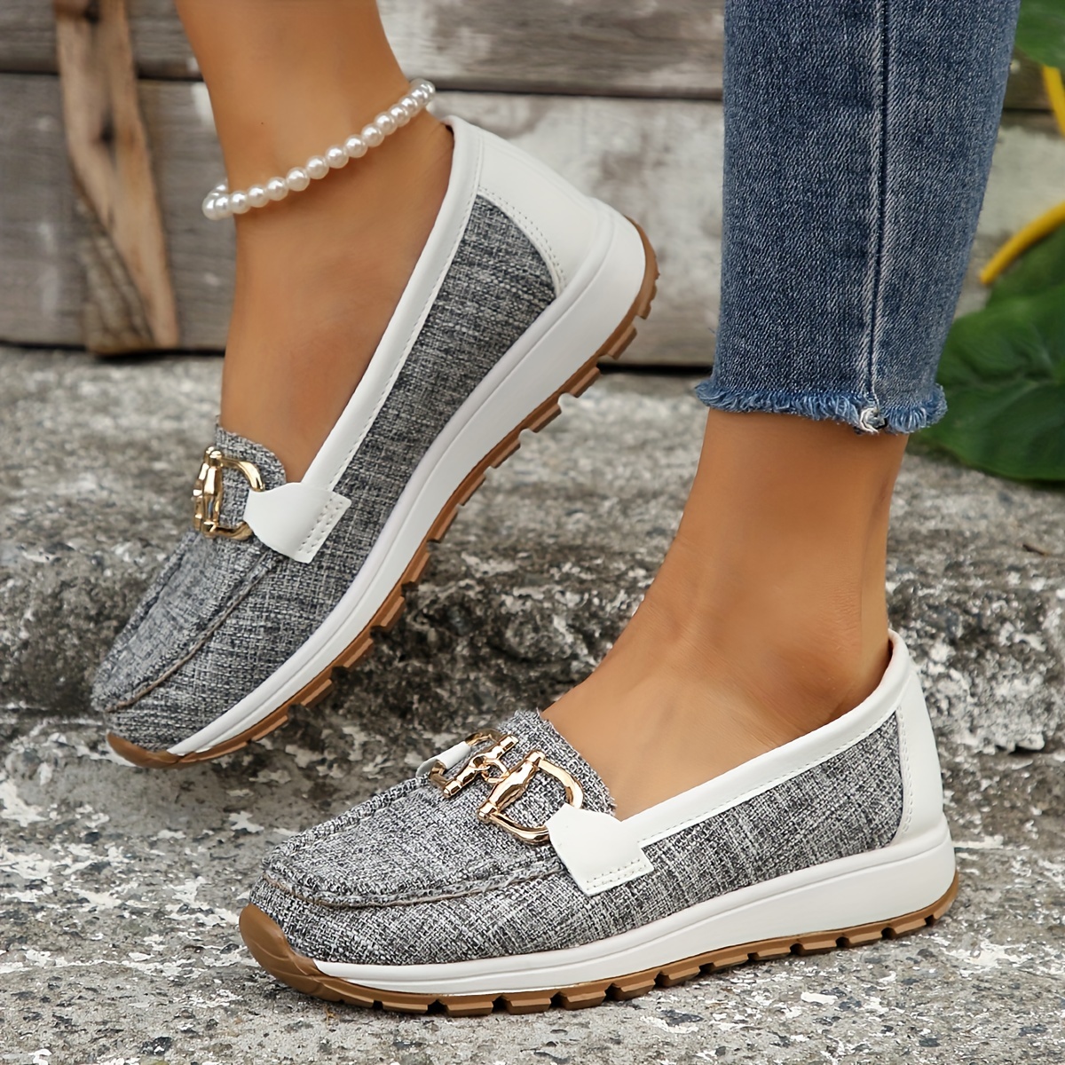 womens buckle decor flat shoes two tone slip on soft sole walking shoes casual all match outdoor shoes details 8