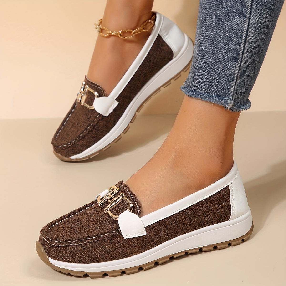 womens buckle decor flat shoes two tone slip on soft sole walking shoes casual all match outdoor shoes details 9