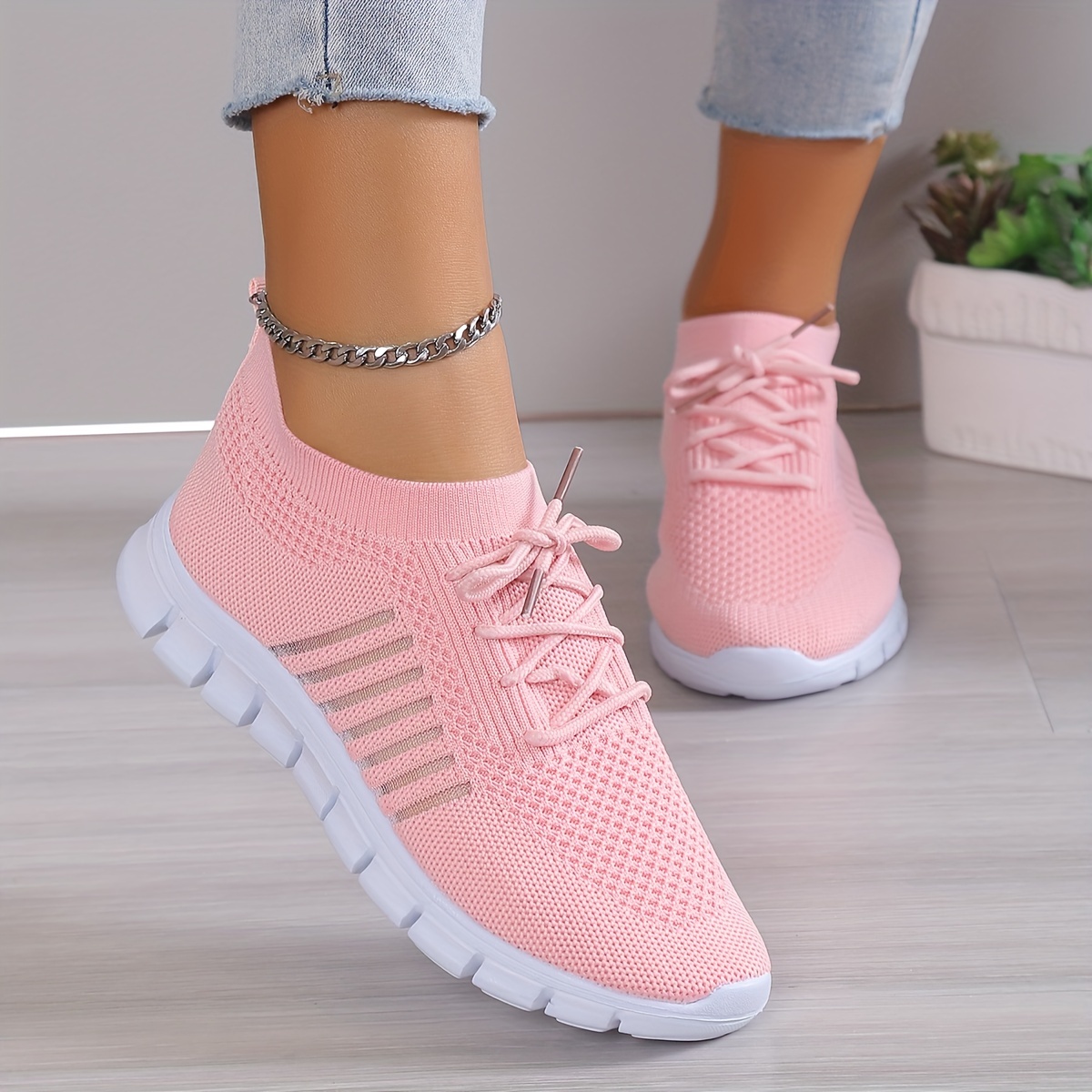 womens knitted sneakers breathable lace up flat running trainers lightweight outdoor gym shoes details 0