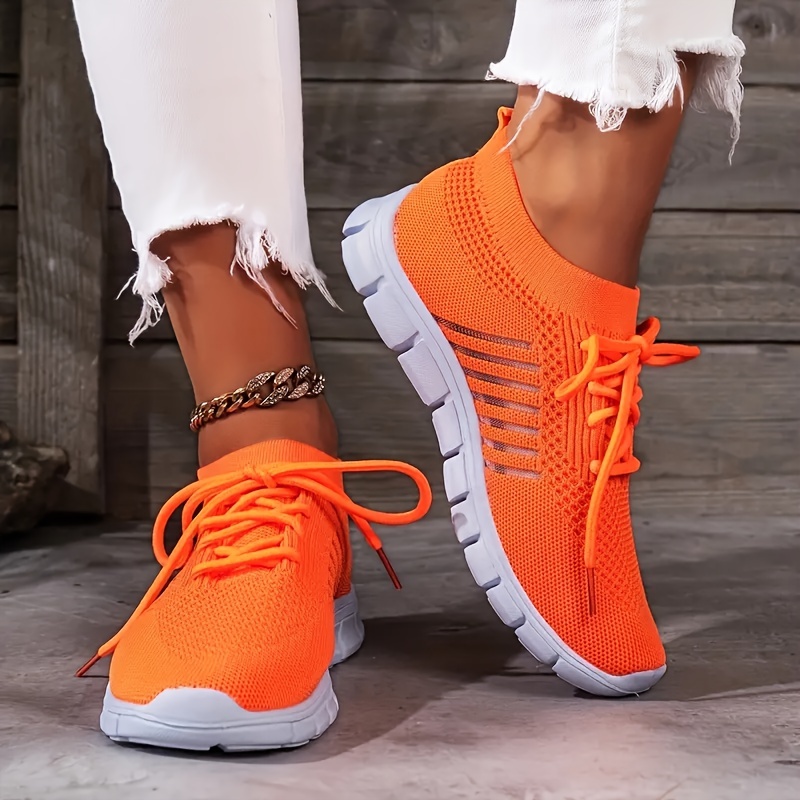 womens knitted sneakers breathable lace up flat running trainers lightweight outdoor gym shoes details 1