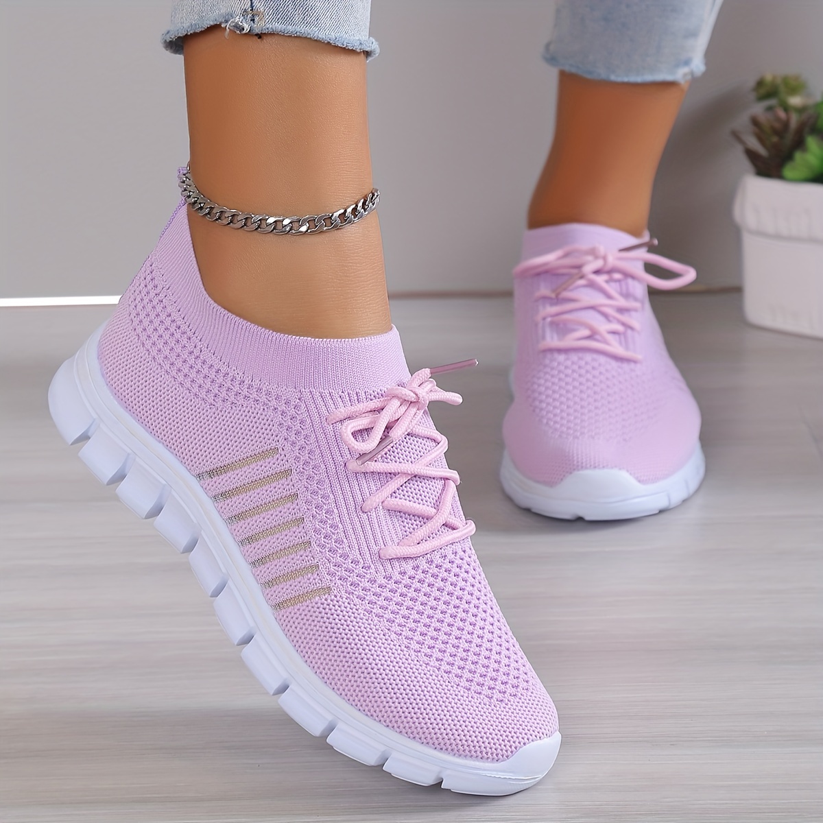 womens knitted sneakers breathable lace up flat running trainers lightweight outdoor gym shoes details 3