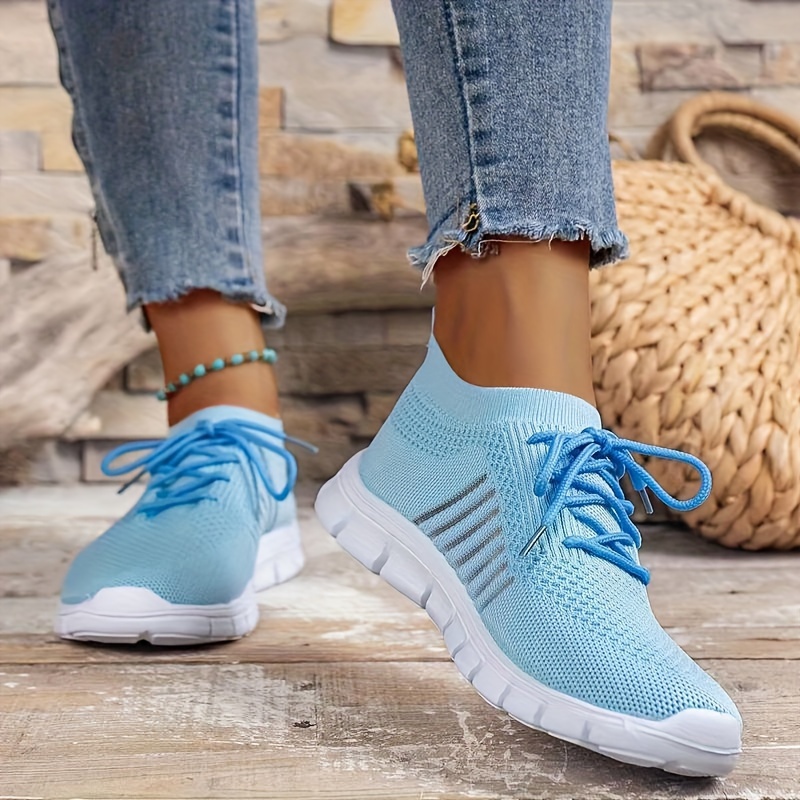 womens knitted sneakers breathable lace up flat running trainers lightweight outdoor gym shoes details 4