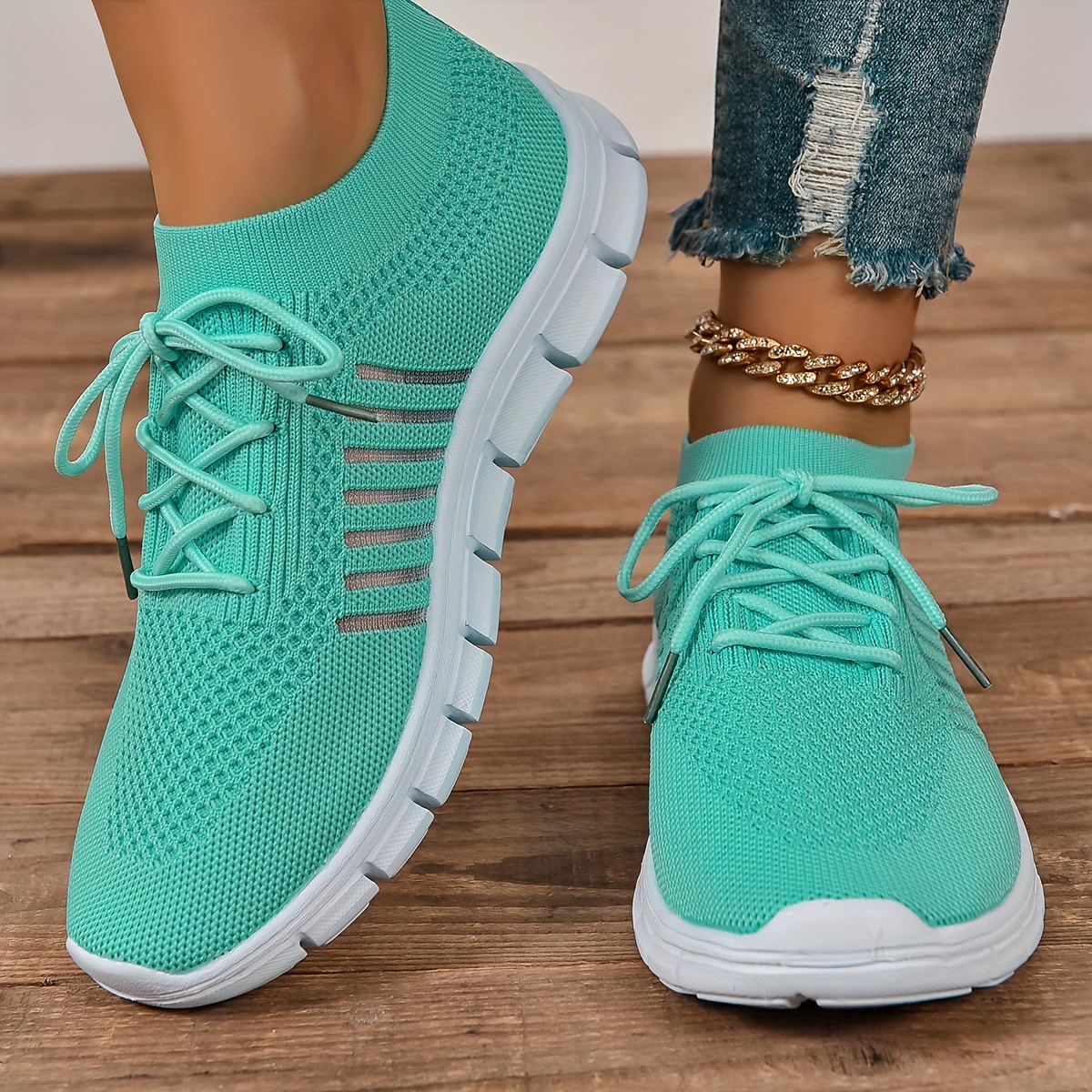 womens knitted sneakers breathable lace up flat running trainers lightweight outdoor gym shoes details 8