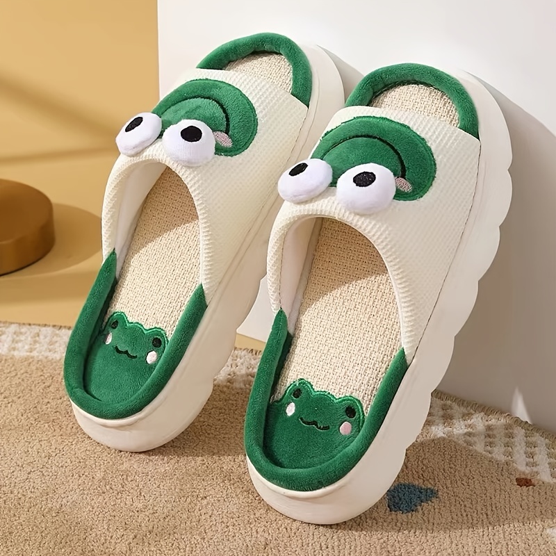 mens cartoon frog graphic style open toe home slippers breathable lightweight non slip slippers with linen uppers for indoor walking details 0