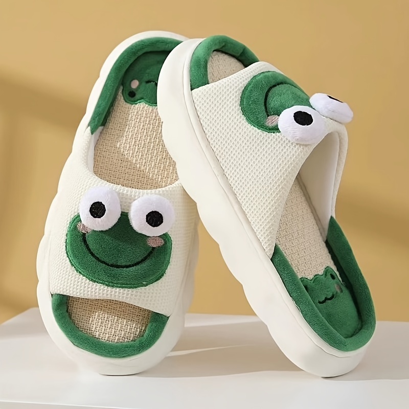 mens cartoon frog graphic style open toe home slippers breathable lightweight non slip slippers with linen uppers for indoor walking details 1