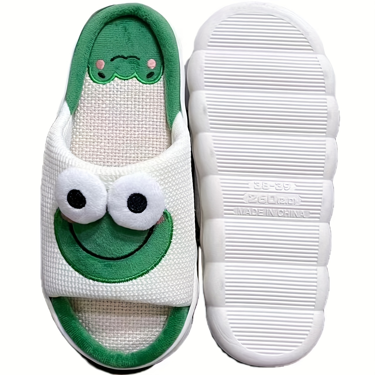 mens cartoon frog graphic style open toe home slippers breathable lightweight non slip slippers with linen uppers for indoor walking details 2