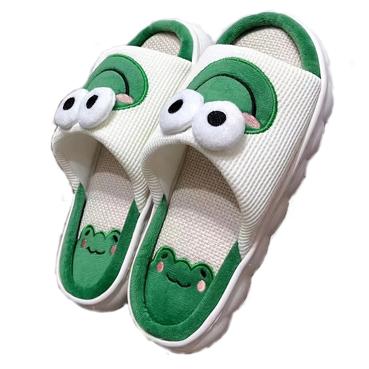 mens cartoon frog graphic style open toe home slippers breathable lightweight non slip slippers with linen uppers for indoor walking details 3