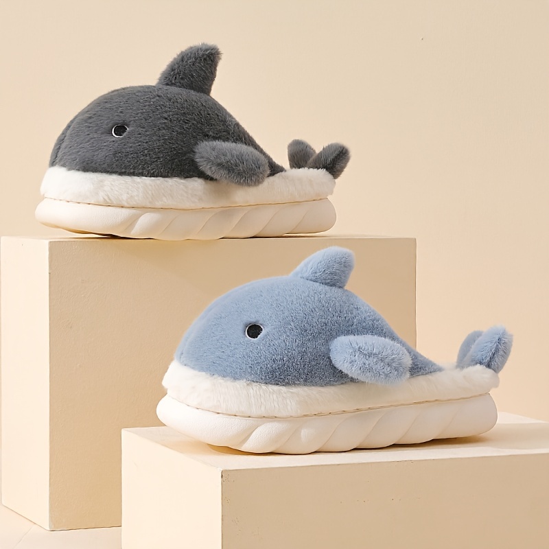 cute shark house slippers anti skid slip on shoes indoor for men soft plush cozy winter shoes details 1