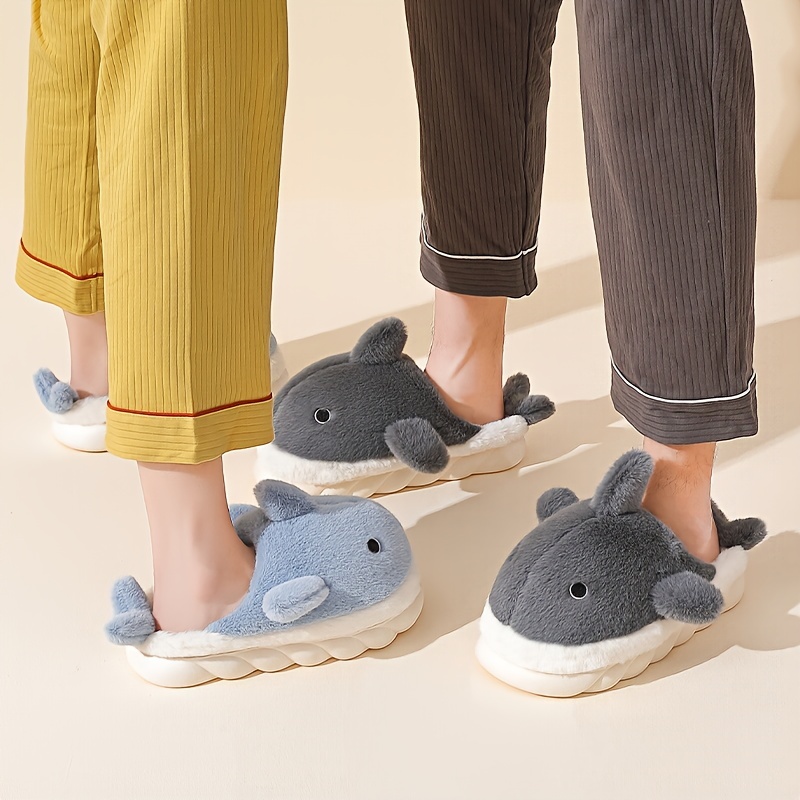 cute shark house slippers anti skid slip on shoes indoor for men soft plush cozy winter shoes details 2