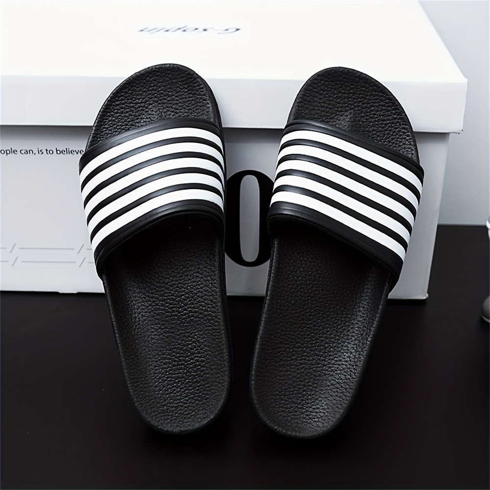 mens striped open toe summer slides soft sole non slip quick drying slip on shoes for indoor outdoor walking and bathroom shower mens beach slides details 0