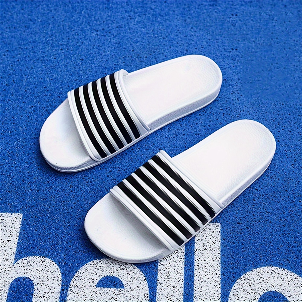 mens striped open toe summer slides soft sole non slip quick drying slip on shoes for indoor outdoor walking and bathroom shower mens beach slides details 1