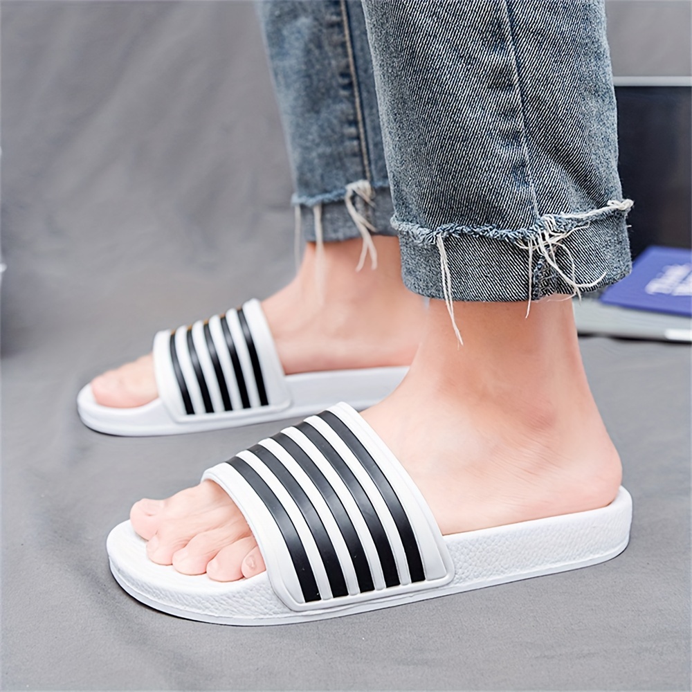 mens striped open toe summer slides soft sole non slip quick drying slip on shoes for indoor outdoor walking and bathroom shower mens beach slides details 3