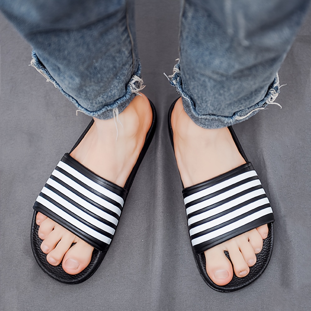 mens striped open toe summer slides soft sole non slip quick drying slip on shoes for indoor outdoor walking and bathroom shower mens beach slides details 6