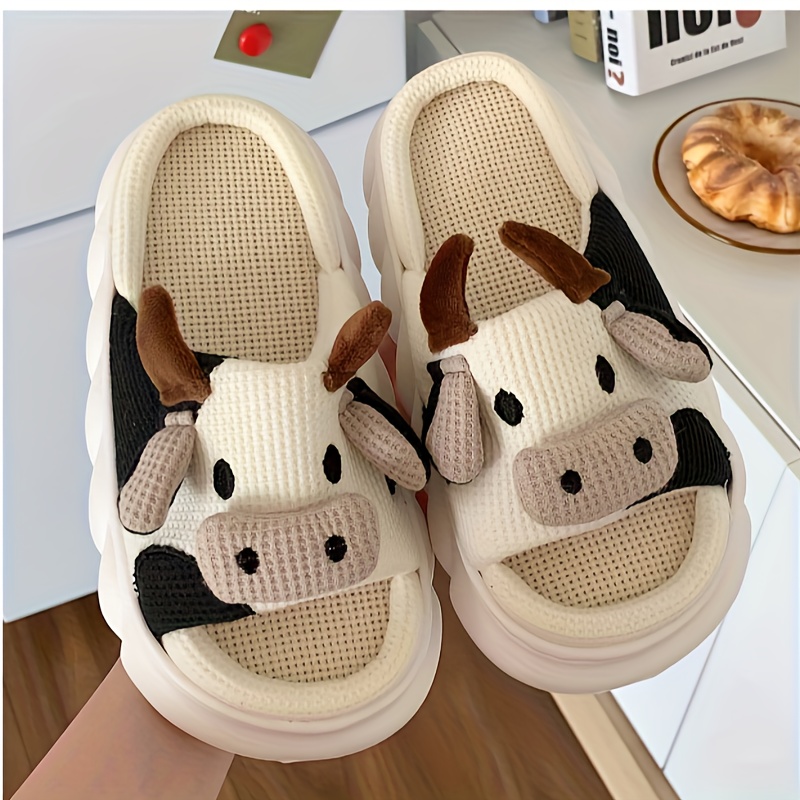 mens cute cow slippers open toe cozy house slippers anti skid slip on shoes indoor for spring fall details 0