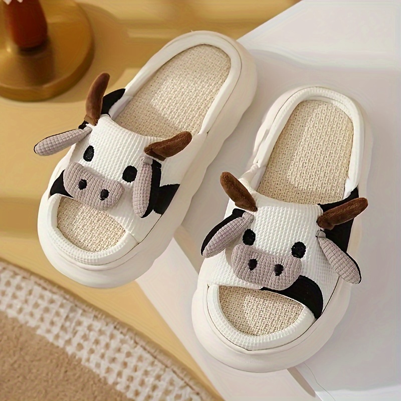 mens cute cow slippers open toe cozy house slippers anti skid slip on shoes indoor for spring fall details 2