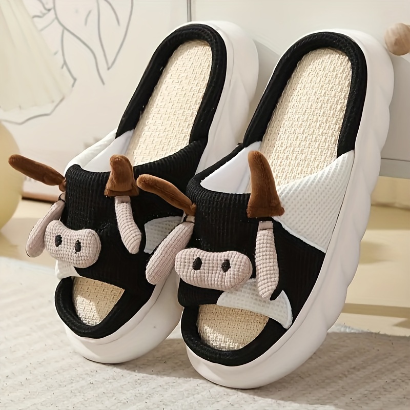 mens cute cow slippers open toe cozy house slippers anti skid slip on shoes indoor for spring fall details 3