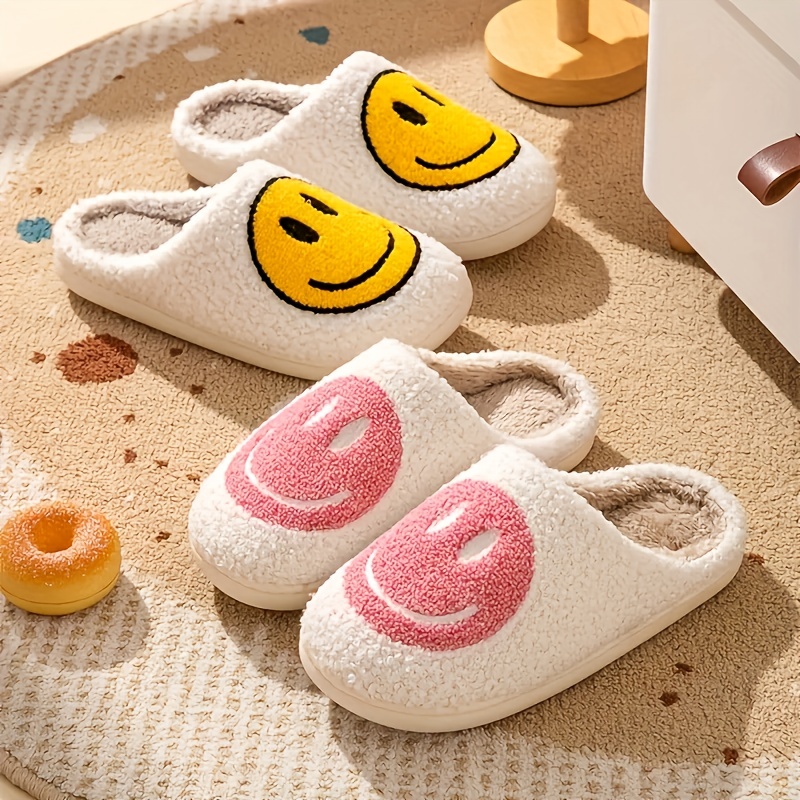 casual sandals, mens trendy smile face pattern warm plush comfortable slippers fuzzy comfy non slip slides casual sandals for indoor bedroom winter details 0